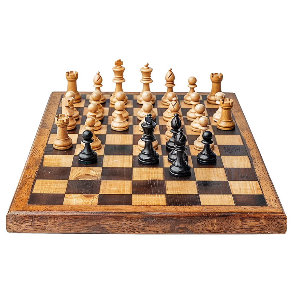 A Wooden Chessboard with Chess Pieces Set Up for a Game png