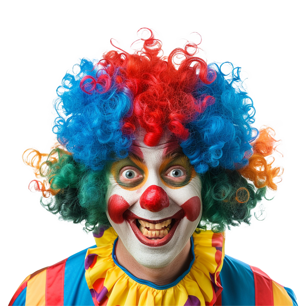 Closeup Portrait of a Man Dressed as a Colorful Scary Clown with Big Eyes and a Wide Grin png