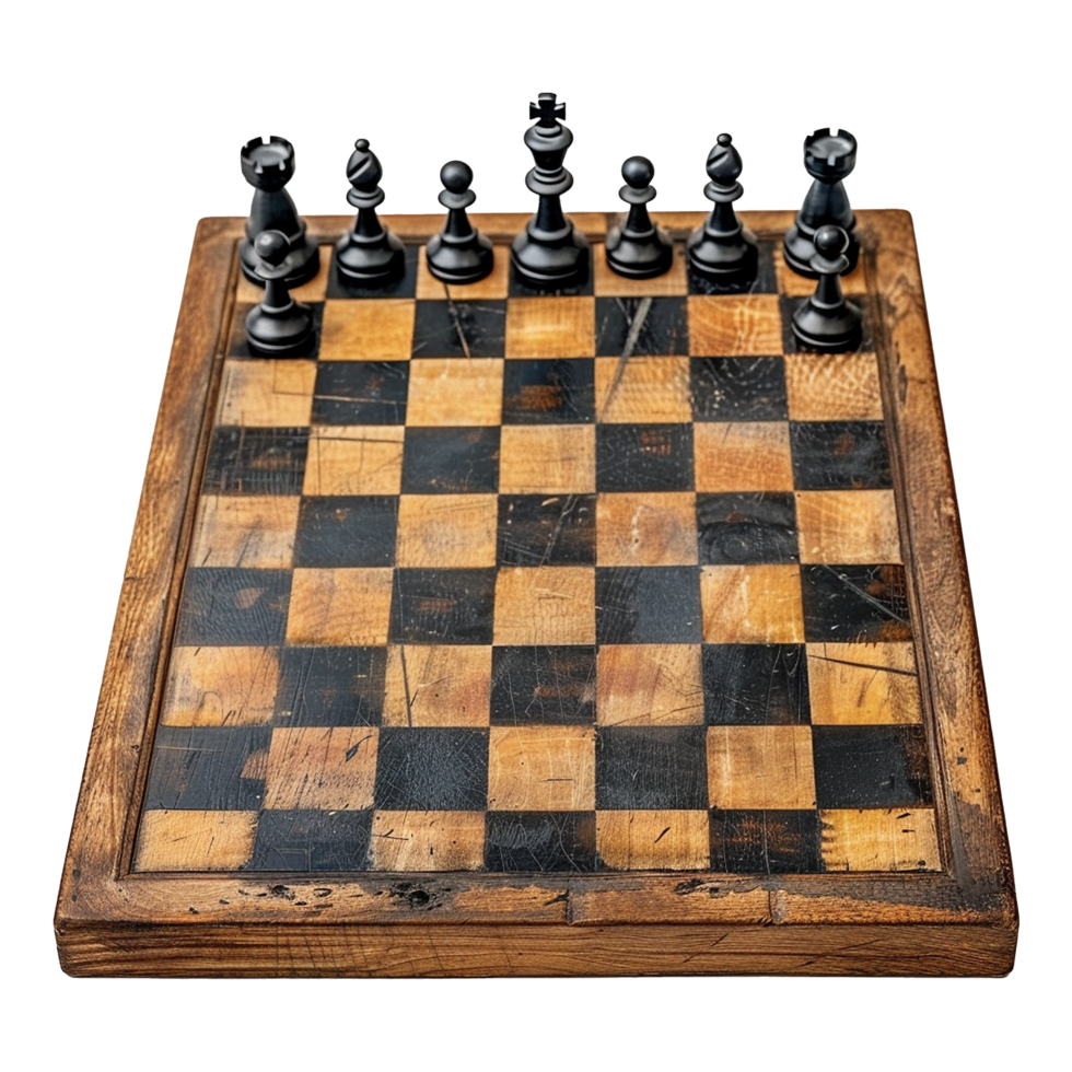 Antique Wooden Chessboard with Black Chess Pieces Set Up for a Game png
