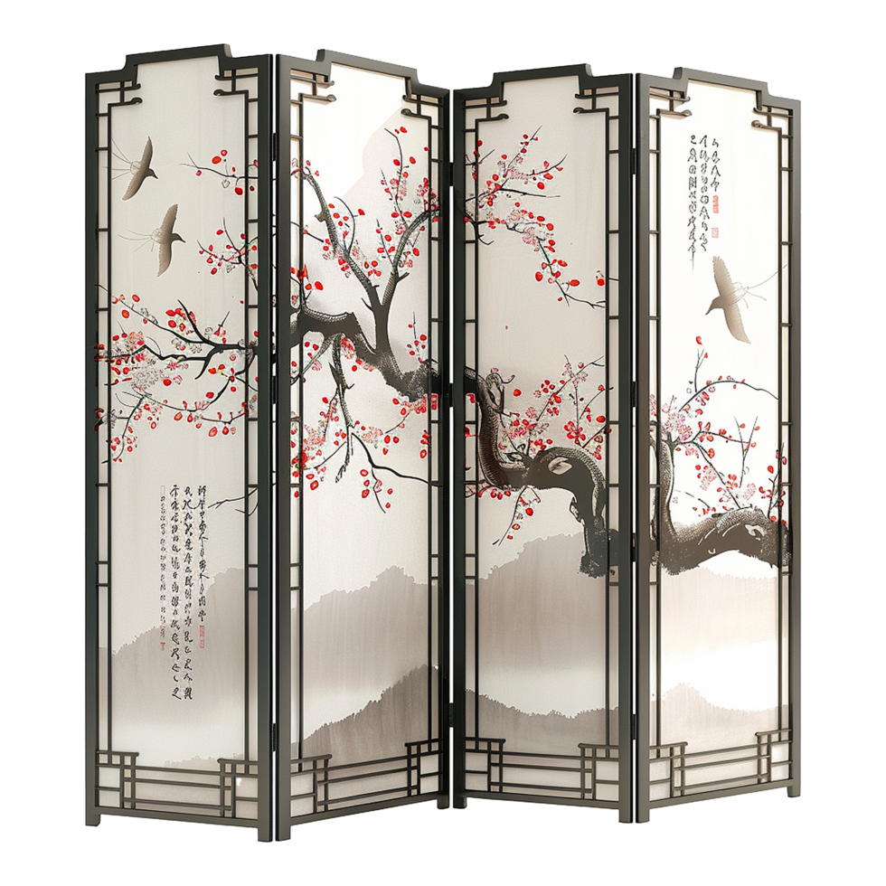 Elegant Three Panel Room Divider with Asian Inspired Plum Blossom Tree Design and Calligraphy png