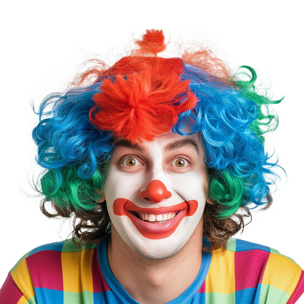 Portrait of a cheerful young man wearing a colorful clown wig and makeup png