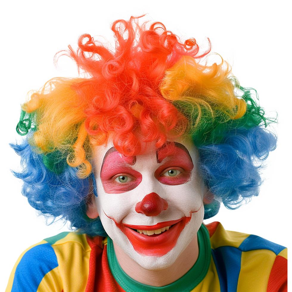A Happy Smiling Clown Wearing a Brightly Colored Curly Wig and Festive Costume png