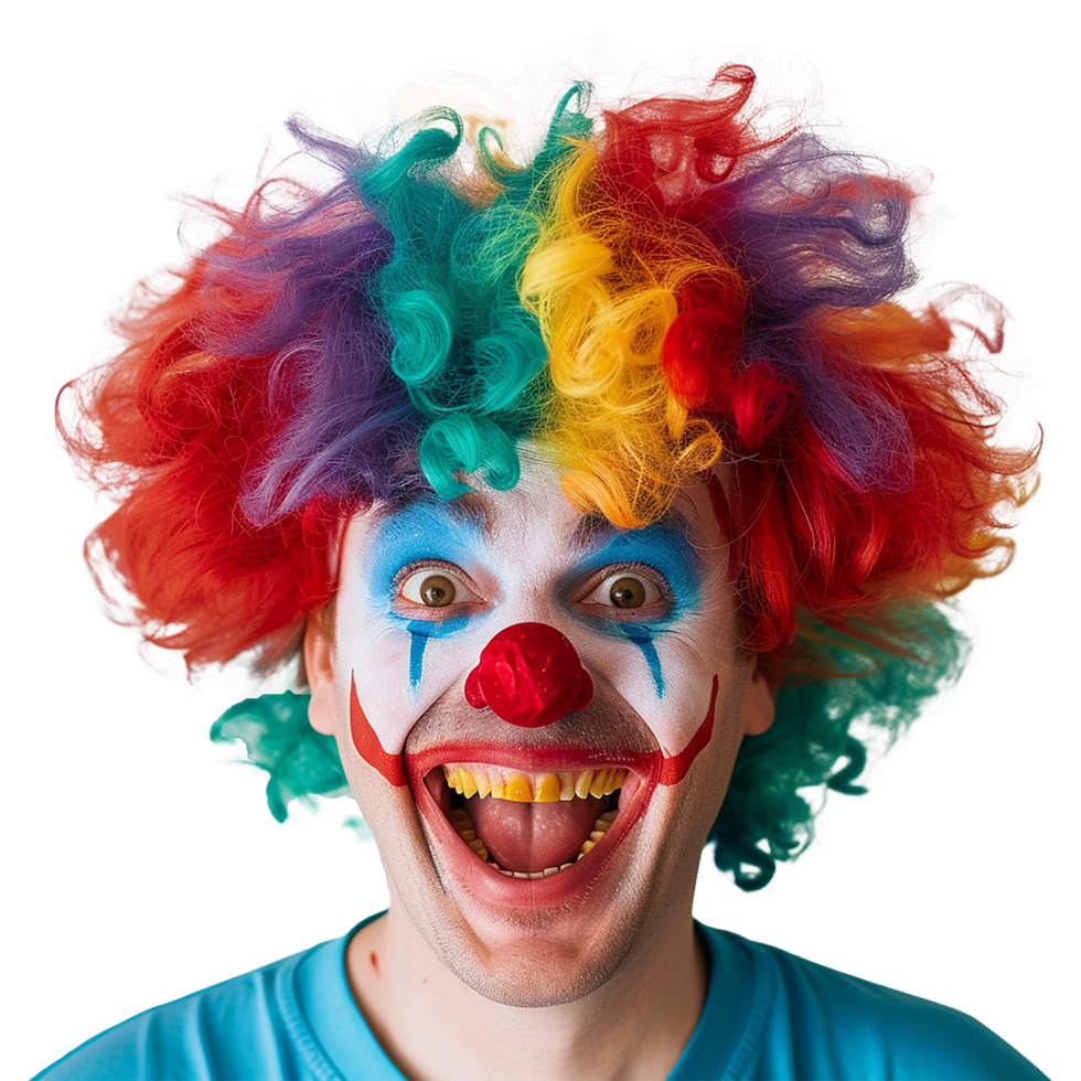 A Portrait of a Man in a Colorful Clown Wig and Makeup with a Wide Grin Showing Yellow Teeth png