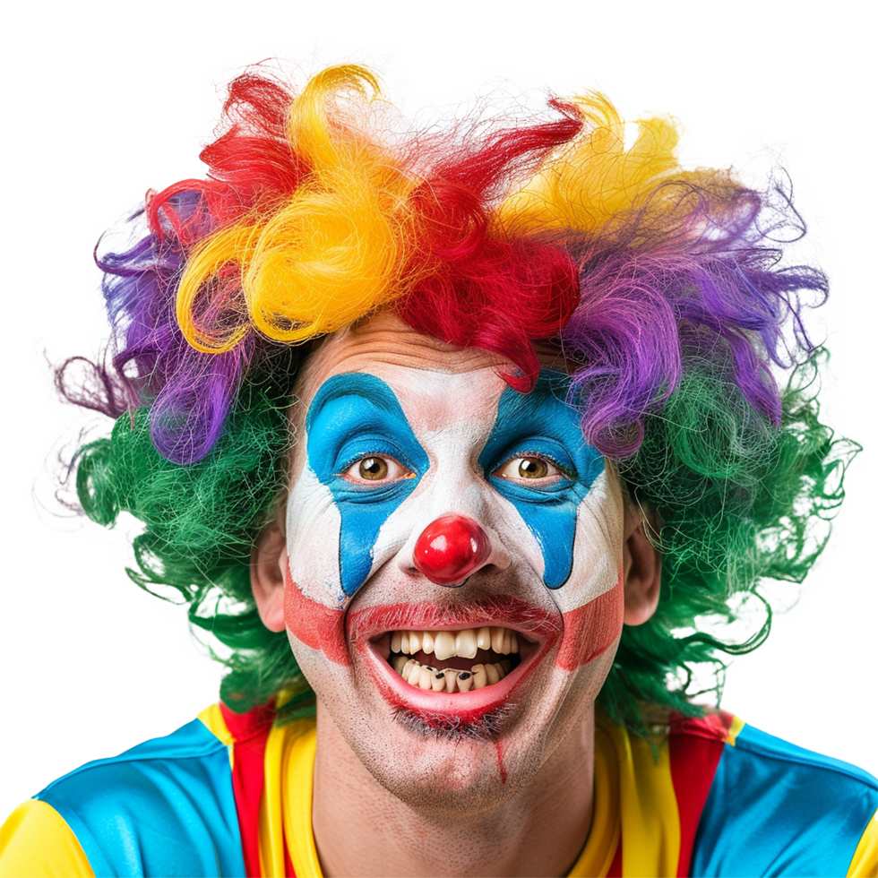 A Closeup Portrait of a Happy Clown with Colorful Wig and Makeup png