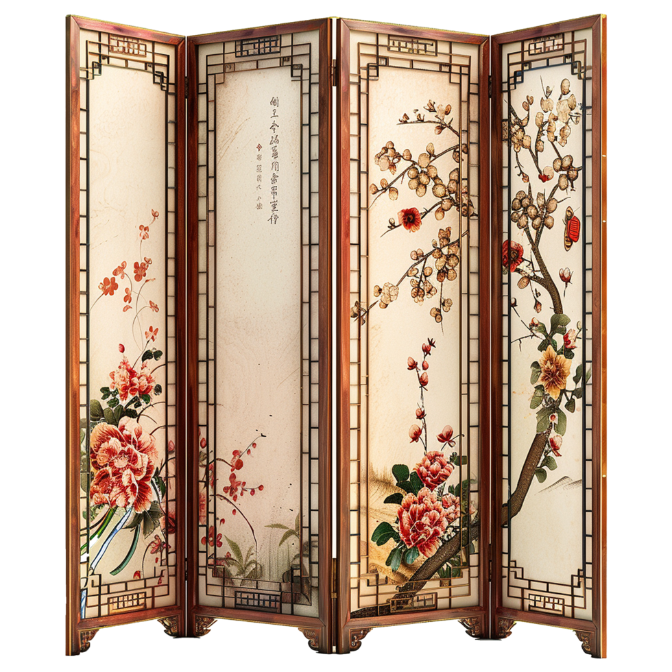 Elegant Four Panel Room Divider with Asian Inspired Floral and Branch Artwork png