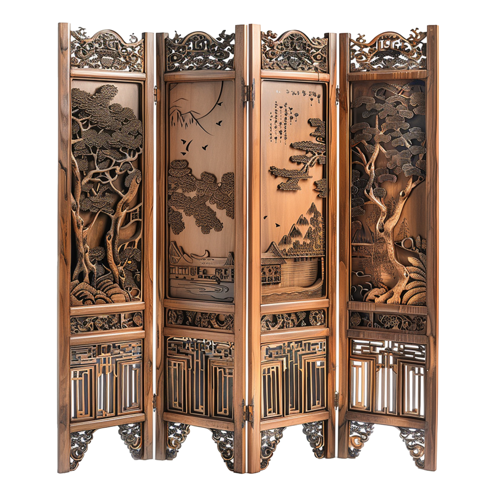 Intricate Carved Wooden Room Divider Screen with Asian Landscape and Calligraphy Design png