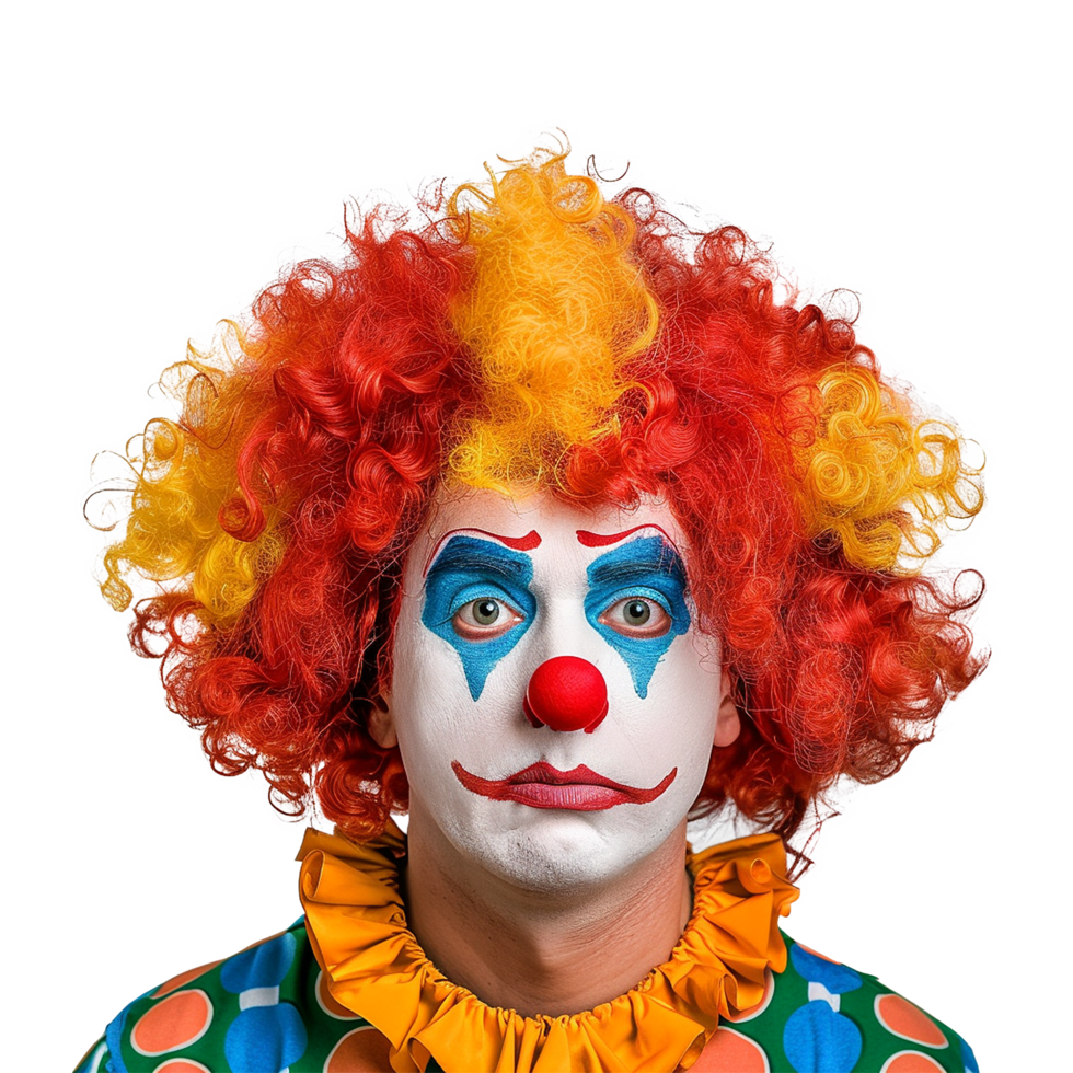 Portrait of a Sad Clown with Red and Yellow Curly Wig Wearing a Polka Dot Costume png