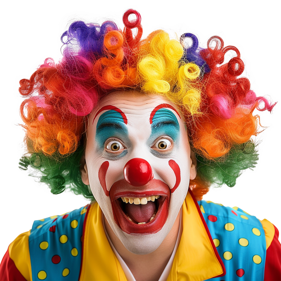 A Hilarious Closeup Portrait of a Colorful Clown with a Wide Open Mouth and Brightly Colored Wig png