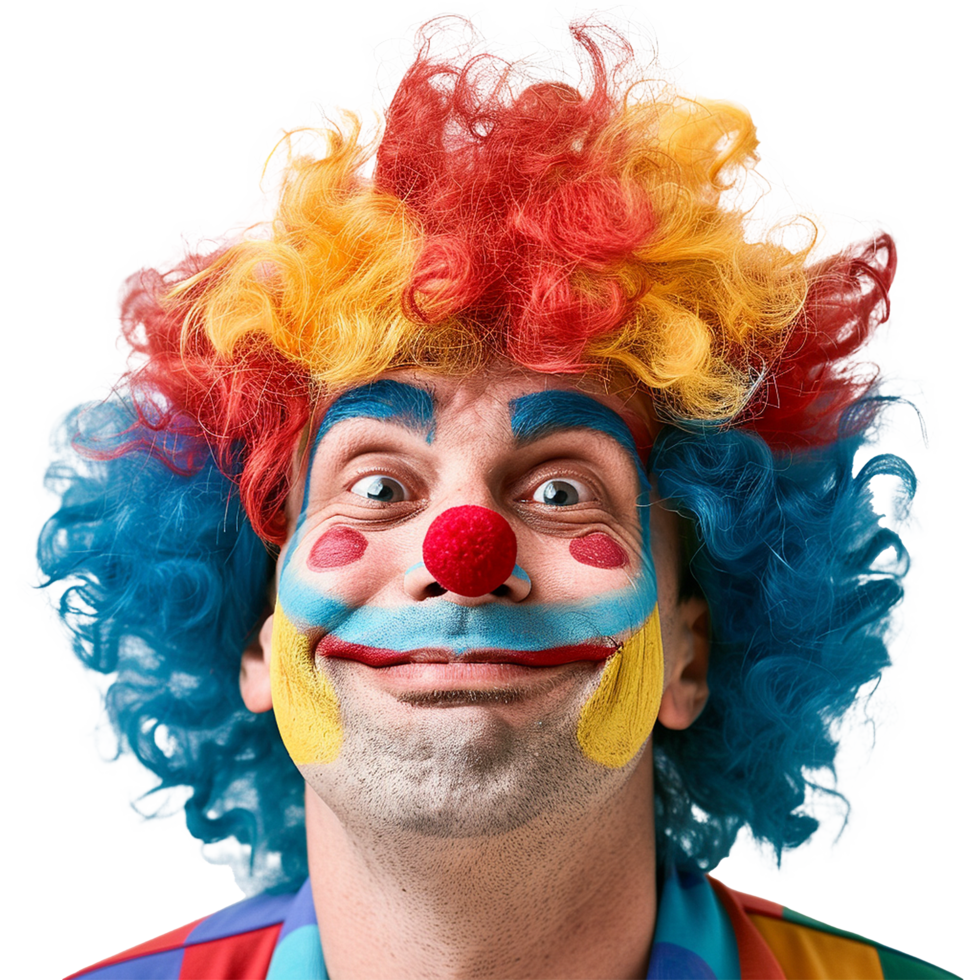 Closeup Portrait of a Man Wearing a Colorful Clown Wig and Makeup with a Happy Expression png