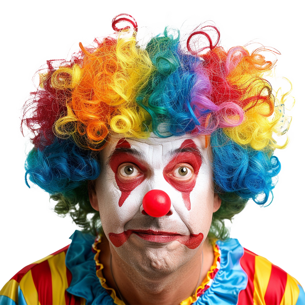 A Closeup Portrait of a Man Dressed as a Colorful Clown with a Big Rainbow Wig png
