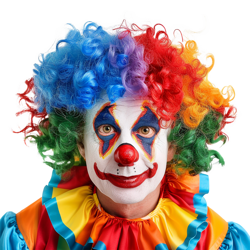 Portrait of a Colorful Clown with Multicolored Curly Wig and Festive Costume png