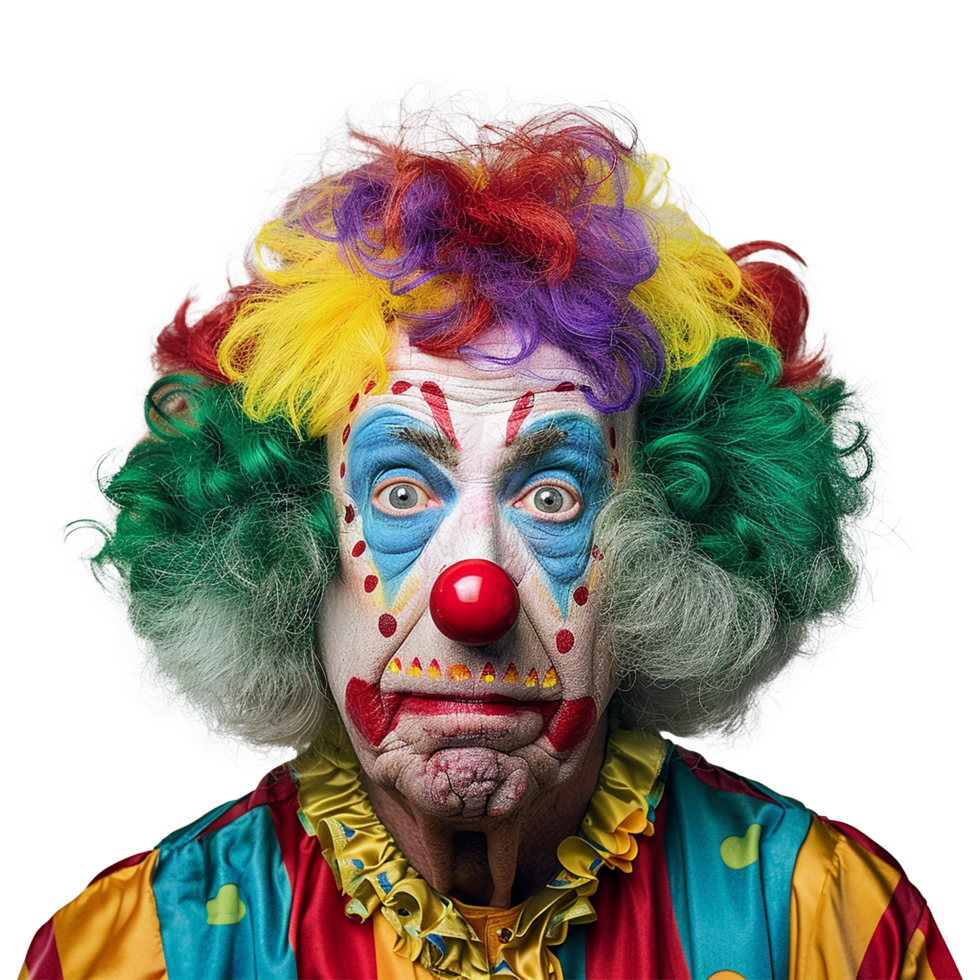 Portrait of a Senior Man Dressed as a Colorful Clown with Multicolored Wig and Makeup png