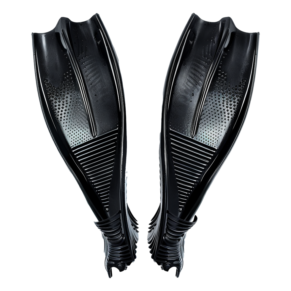 Pair of Sleek Black Diving Fins with Textured Surface and Ribbed Design for Enhanced Propulsion in Water Sports Activities png