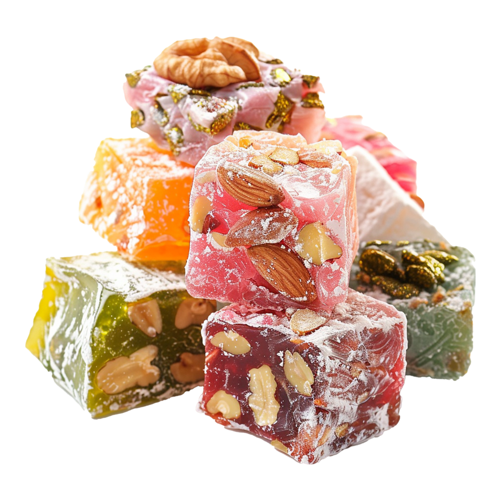 A Colorful Collection of Delicious Turkish Delight Cubes with Nuts png