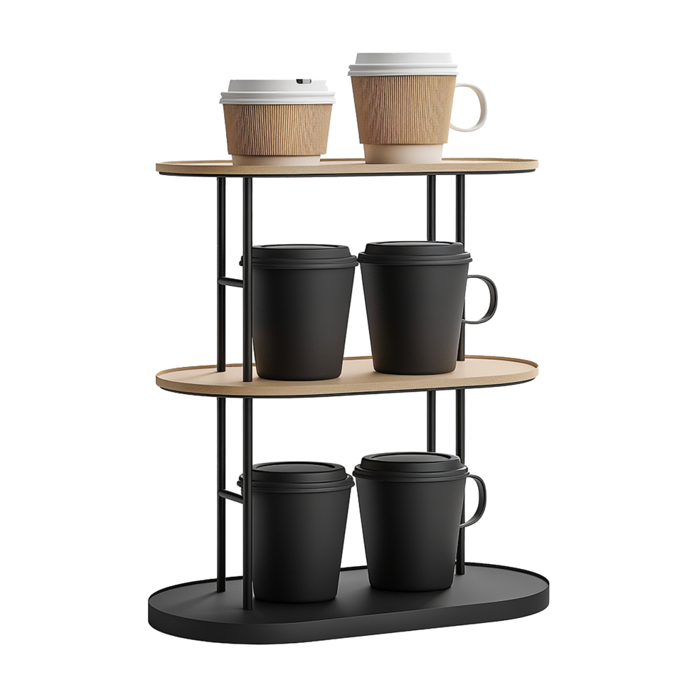 ThreeTiered Coffee Cup and Mug Organizer Stand with Black and Beige Cups png