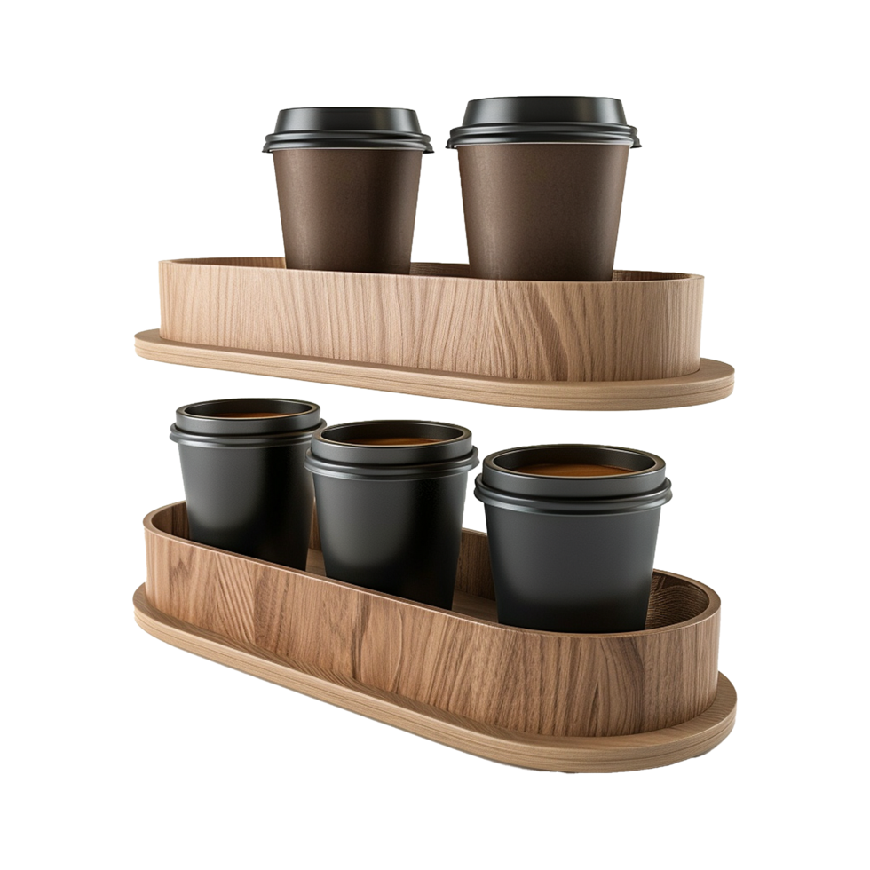 Stylish Wooden Coffee Cup Holder with Brown and Black Disposable Cups png