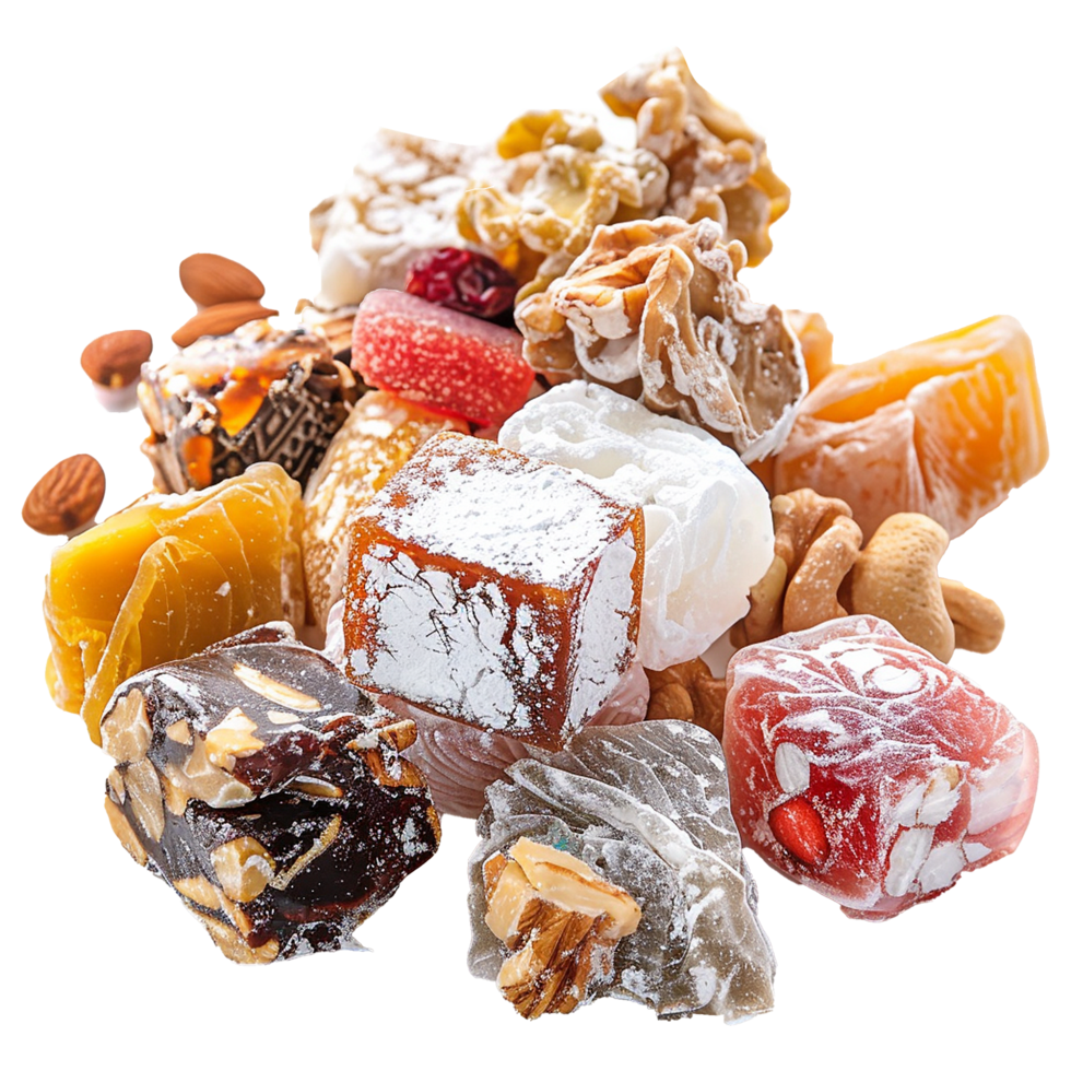 Assorted Delightful Turkish Delights and Nuts Collection A Sweet and Savory Mix png