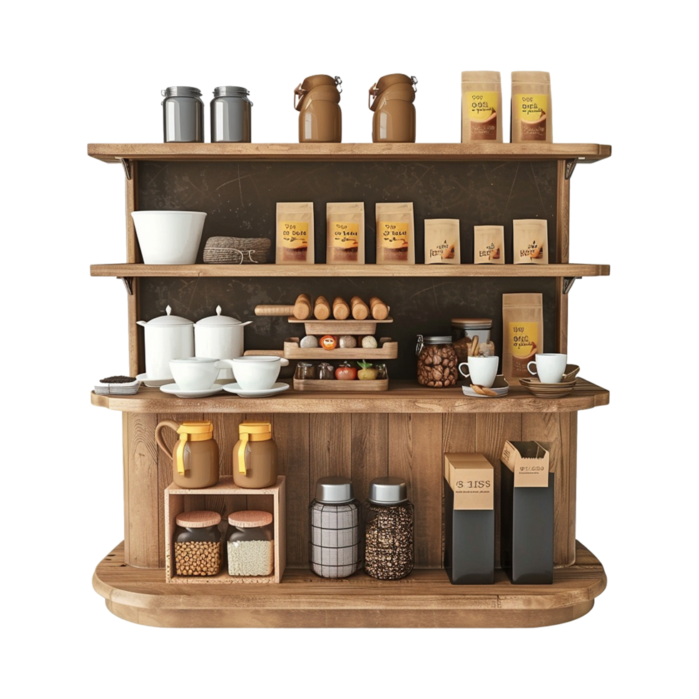 Rustic Wooden Kitchen Shelf with Coffee Tea and Food Storage png