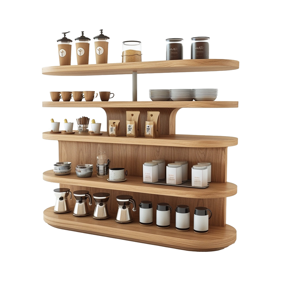 Modern Wooden Coffee and Tea Station with Multiple Shelves and Variety of Cups Mugs and Containers png