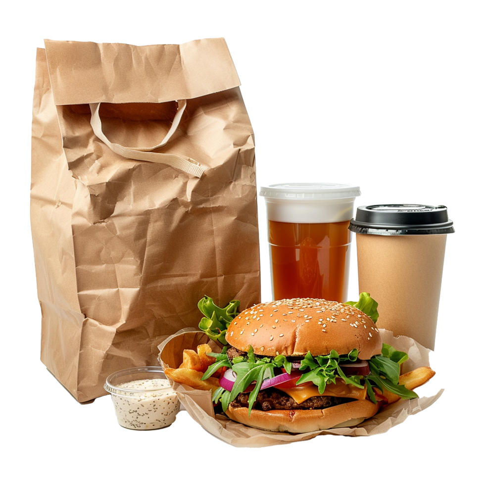 Delicious Cheeseburger Meal with French Fries Beer and Coffee in a Paper Bag png