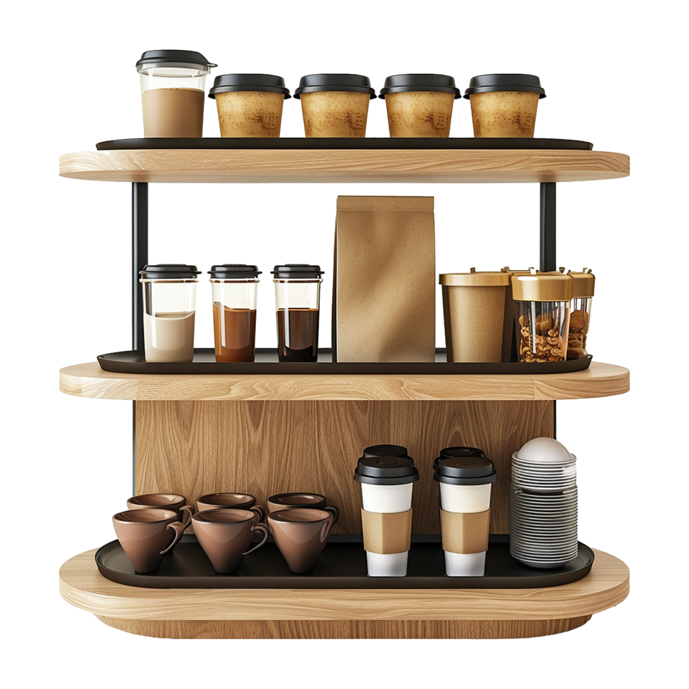 Modern Coffee Shop Self Service Station with Various Coffee Cups and Snacks png