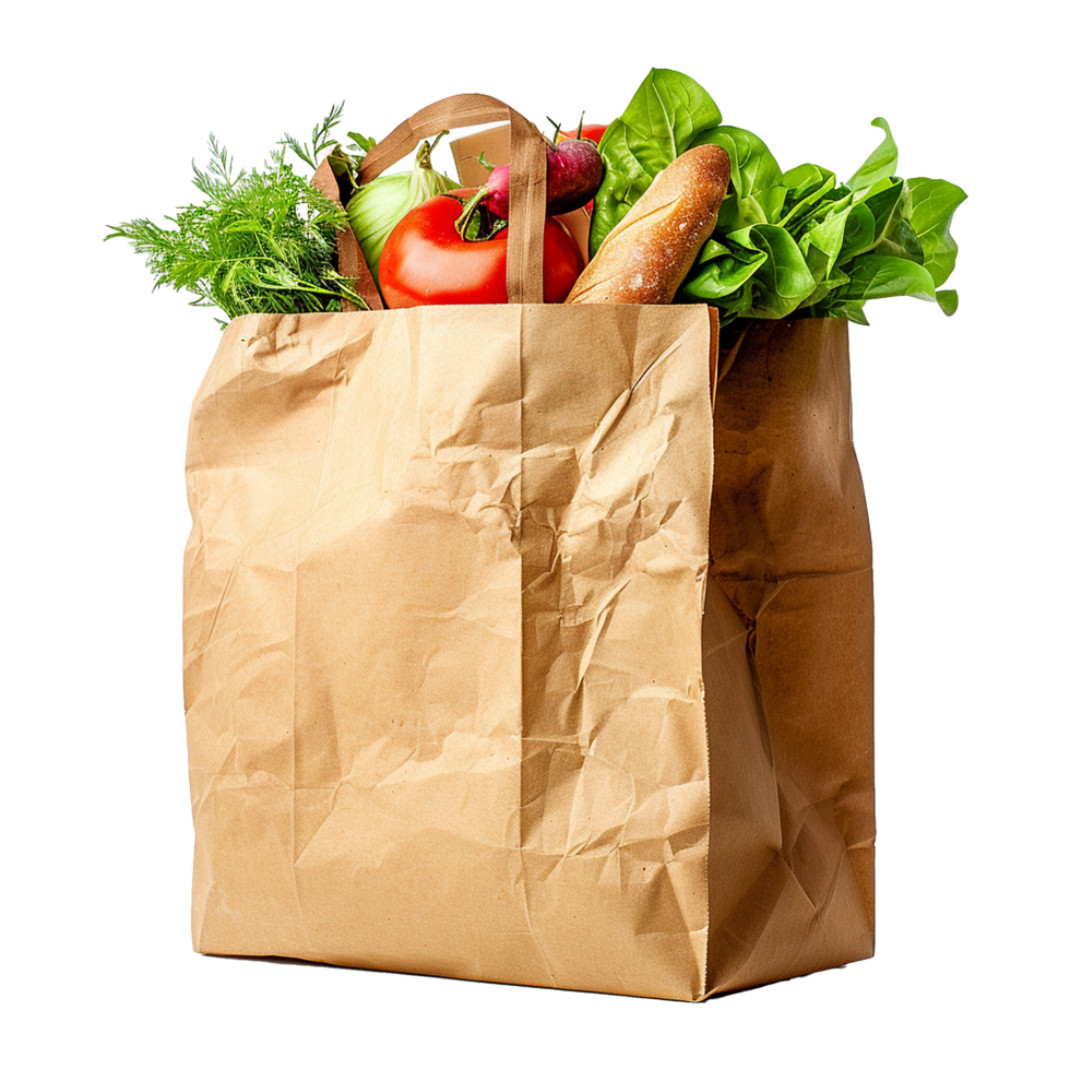 Brown Paper Bag Filled with Fresh Vegetables and Bread from the Farmers Market png