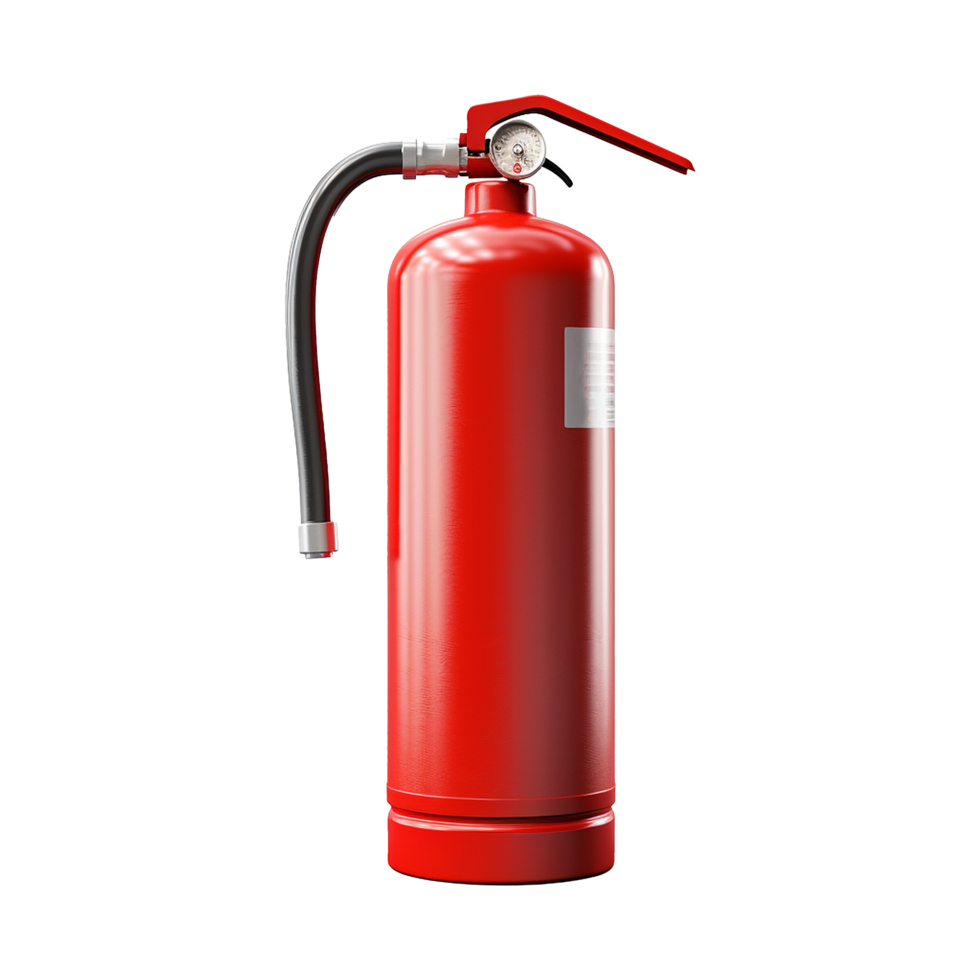 A Detailed 3D Render of a Red Fire Extinguisher with Pressure Gauge and Hose png