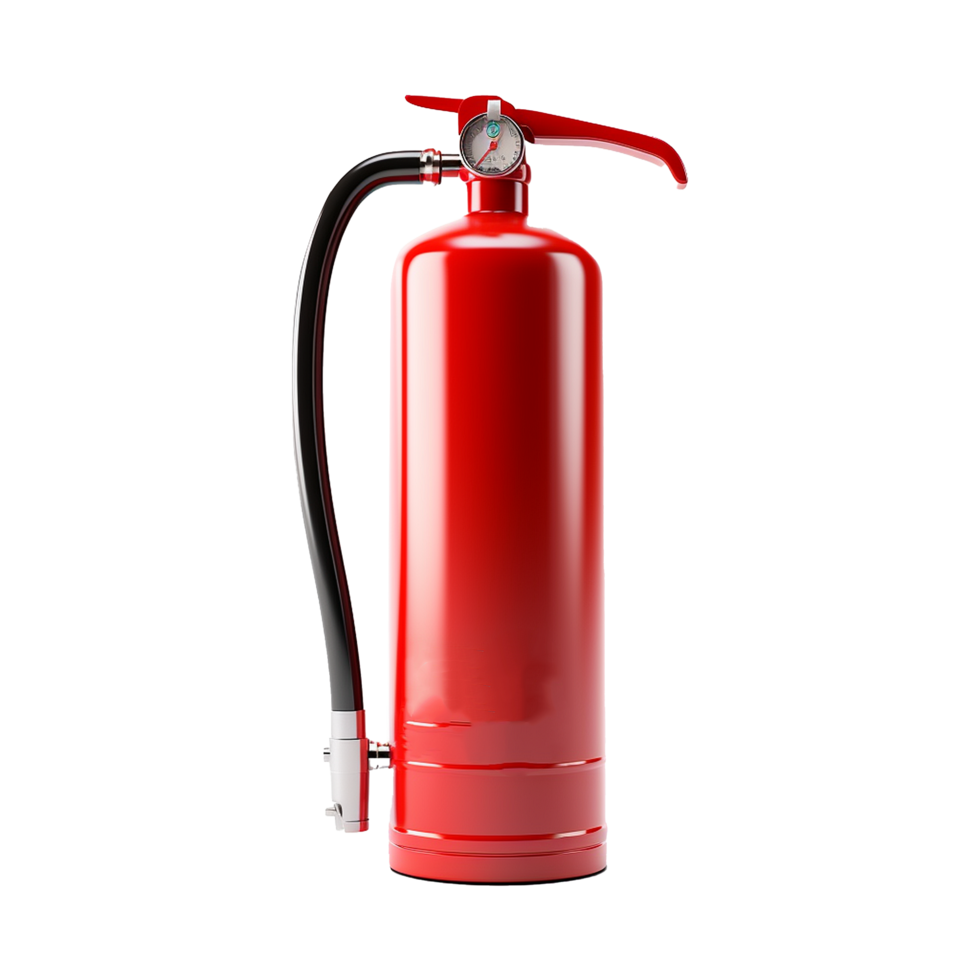 A Red Fire Extinguisher with Pressure Gauge and Hose Ready for Use in Emergency Situations png
