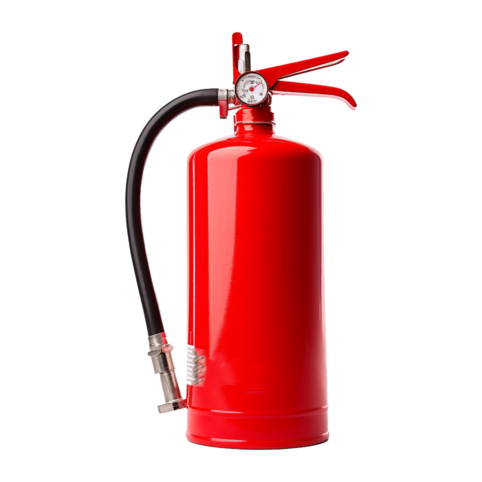 A Detailed Closeup of a Classic Red Fire Extinguisher with Pressure Gauge and Hose png