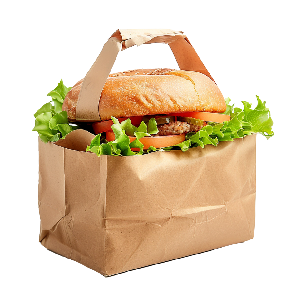 Juicy Beef Burger in a Brown Paper Bag for Takeaway Delicious Fast Food Meal png