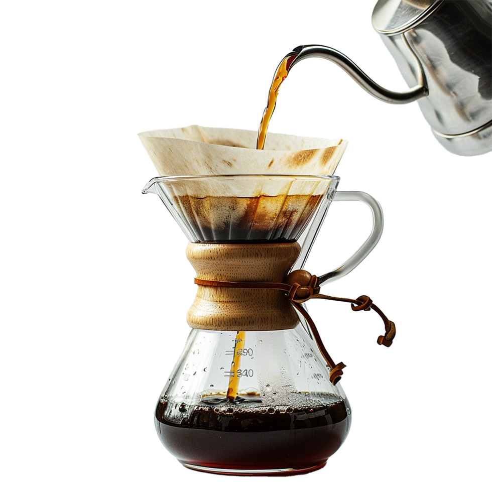 Pour Over Coffee Brewing Process Using Chemex Glass Brewer and Gooseneck Kettle png