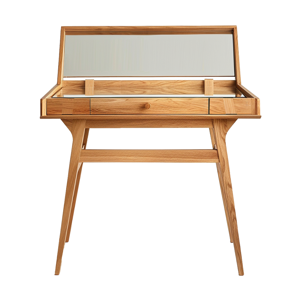 Elegant Light Oak Wooden Vanity Desk with Lift Top Mirror and Drawer png