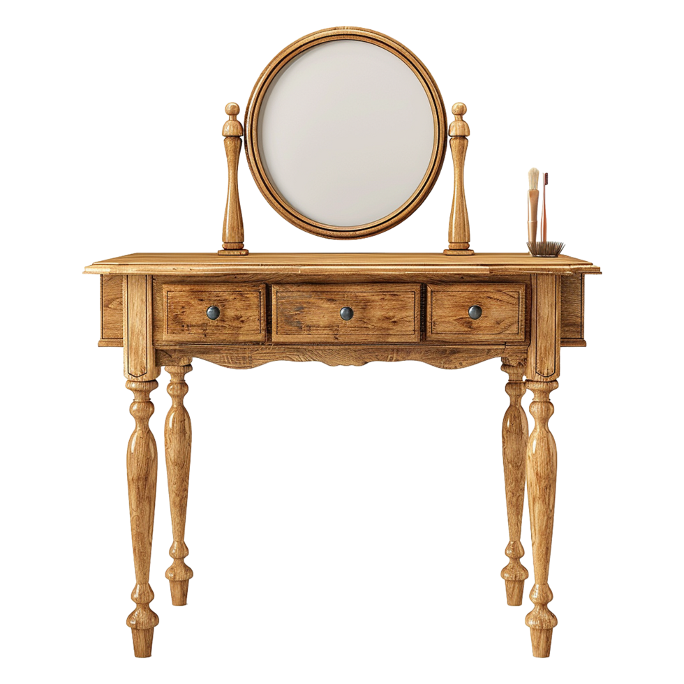 Elegant Wooden Vanity Table with Round Mirror and Three Drawers for Bedroom Makeup Dressing png