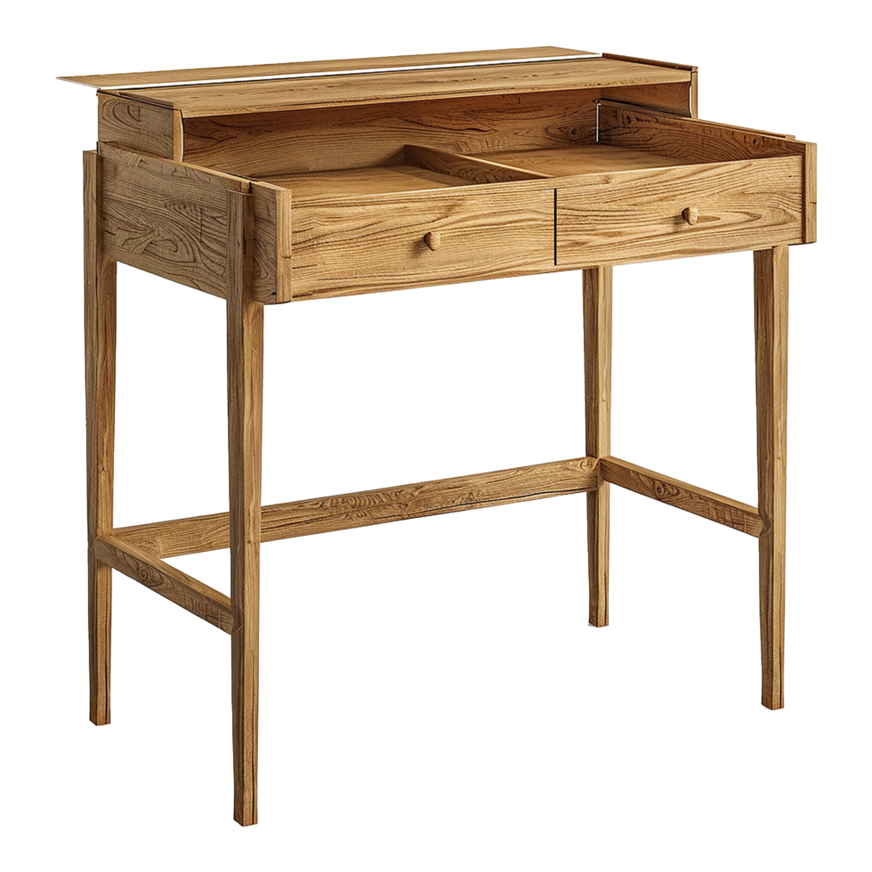 Elegant Light Brown Wooden Desk with Two Drawers and Foldable Top Modern Writing Table png