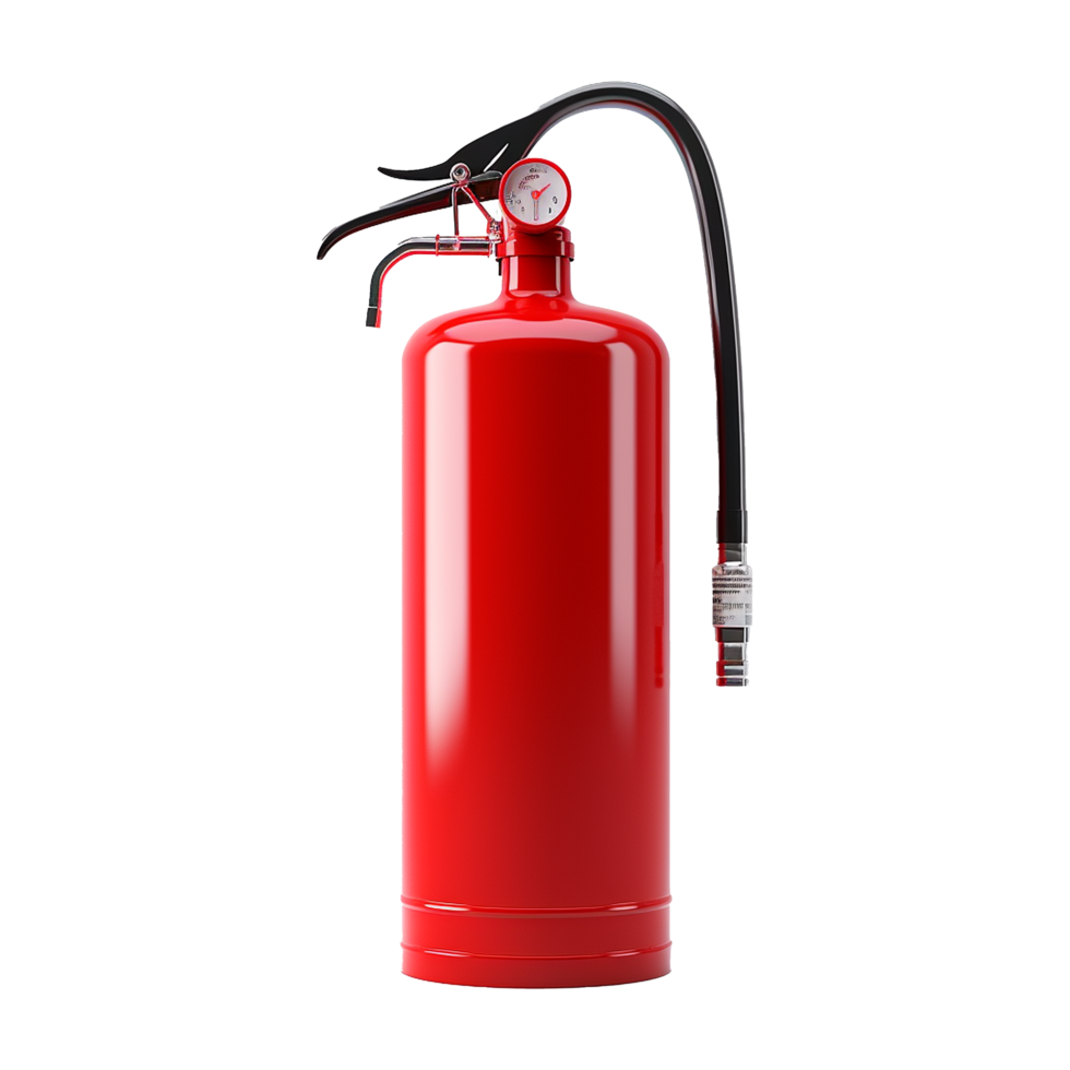 A detailed 3D rendering of a red fire extinguisher with pressure gauge and hose png