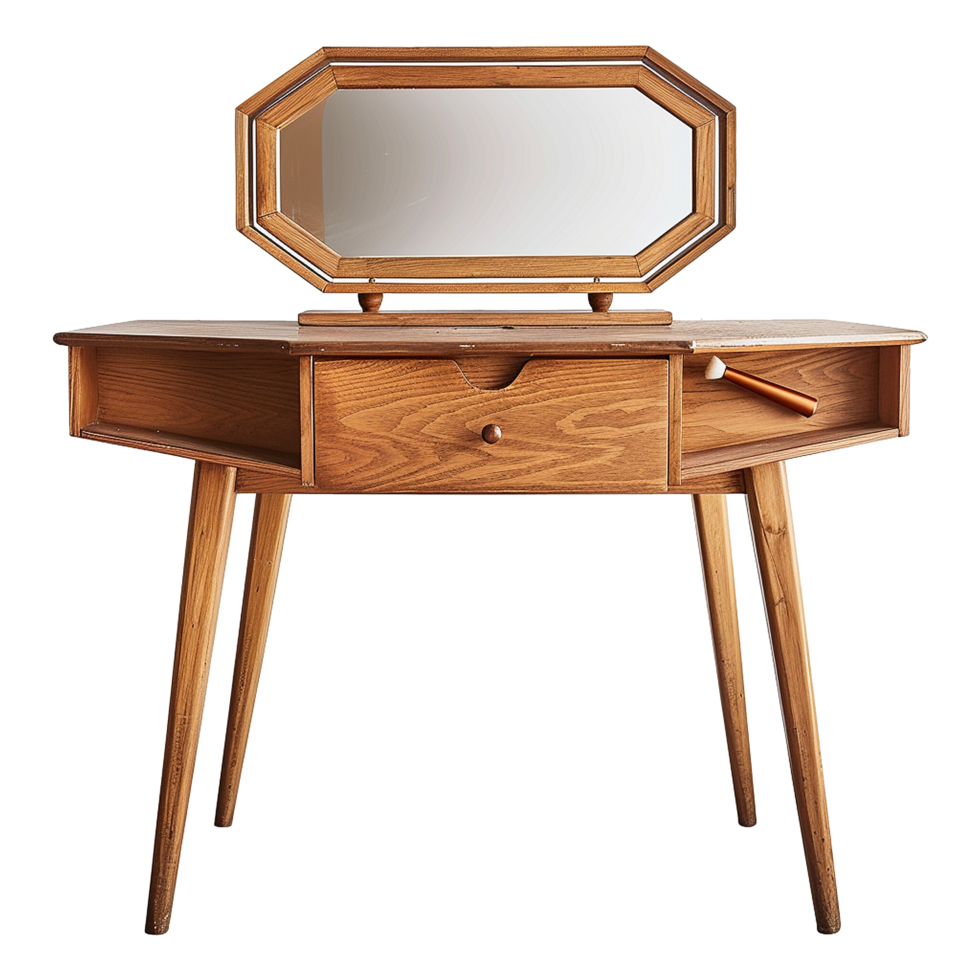 Mid Century Modern Vanity Dressing Table with Octagonal Mirror and Single Drawer png