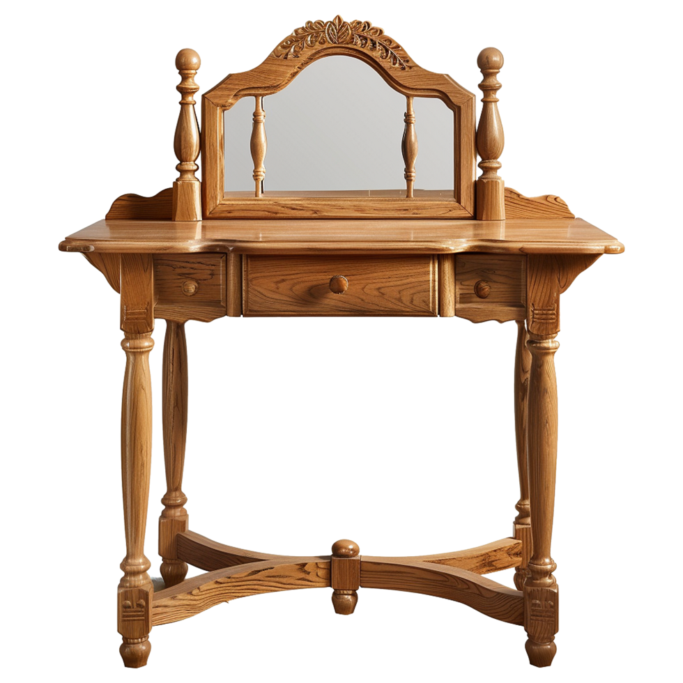 Elegant Wooden Vanity Table with Ornate Mirror and Drawers png