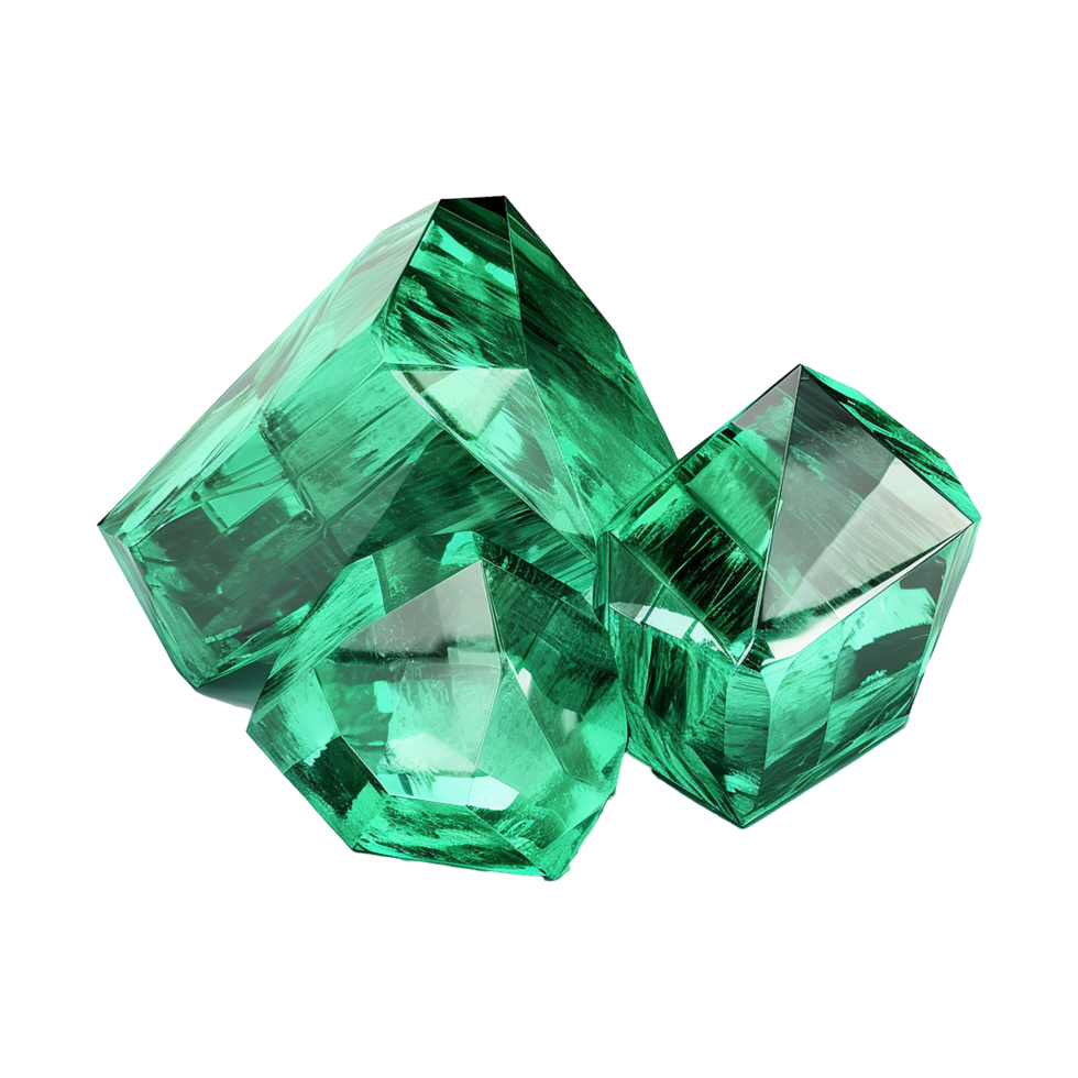 Three Sparkling Emerald Gems Close Up View Green Crystals Precious Stones Luxury Jewelry png