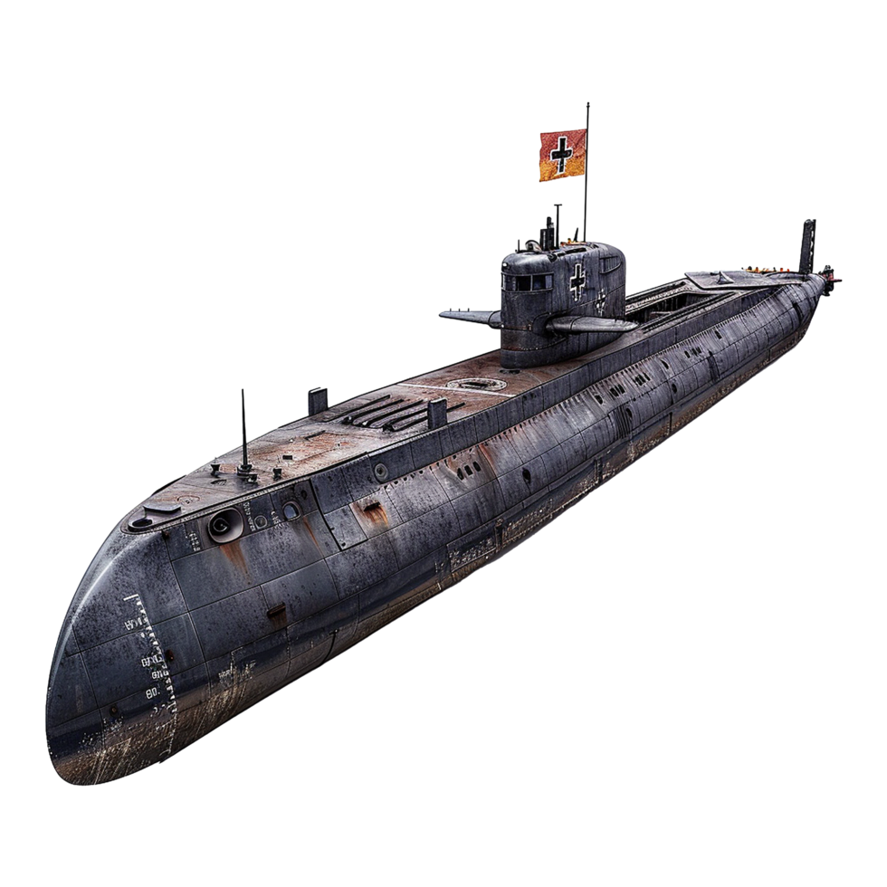 Weathered German Type IXC Uboat submarine from World War II era, showing significant rust and wear, with a swastika flag atop png