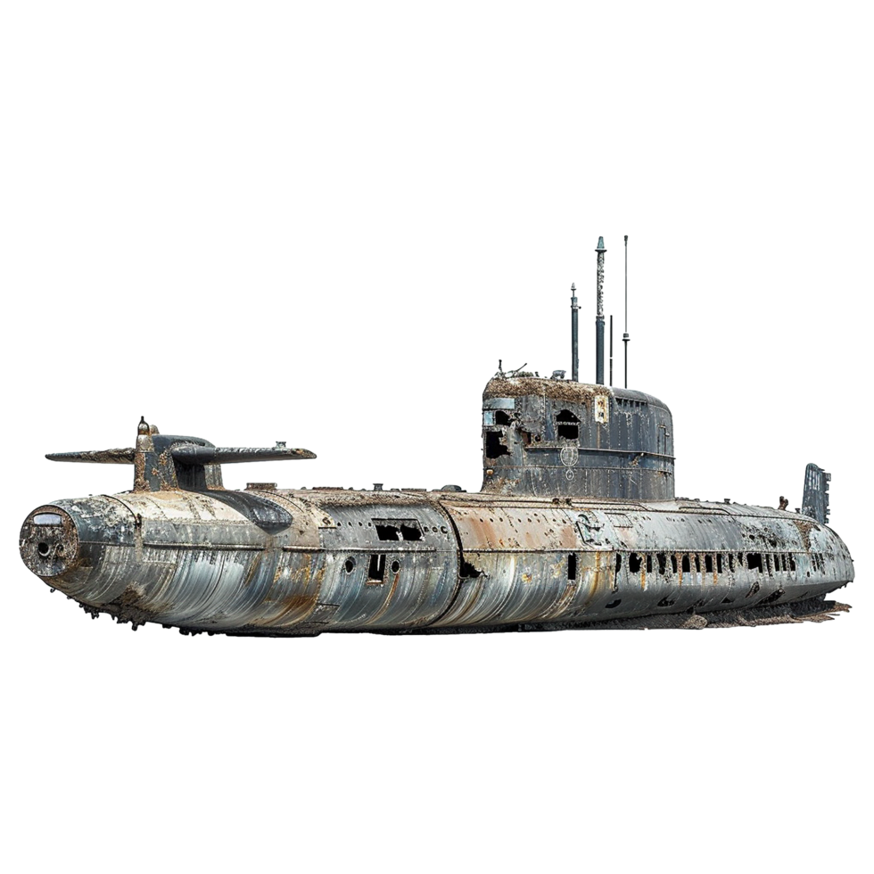 A decaying and rusted old Soviet submarine wreck on land png