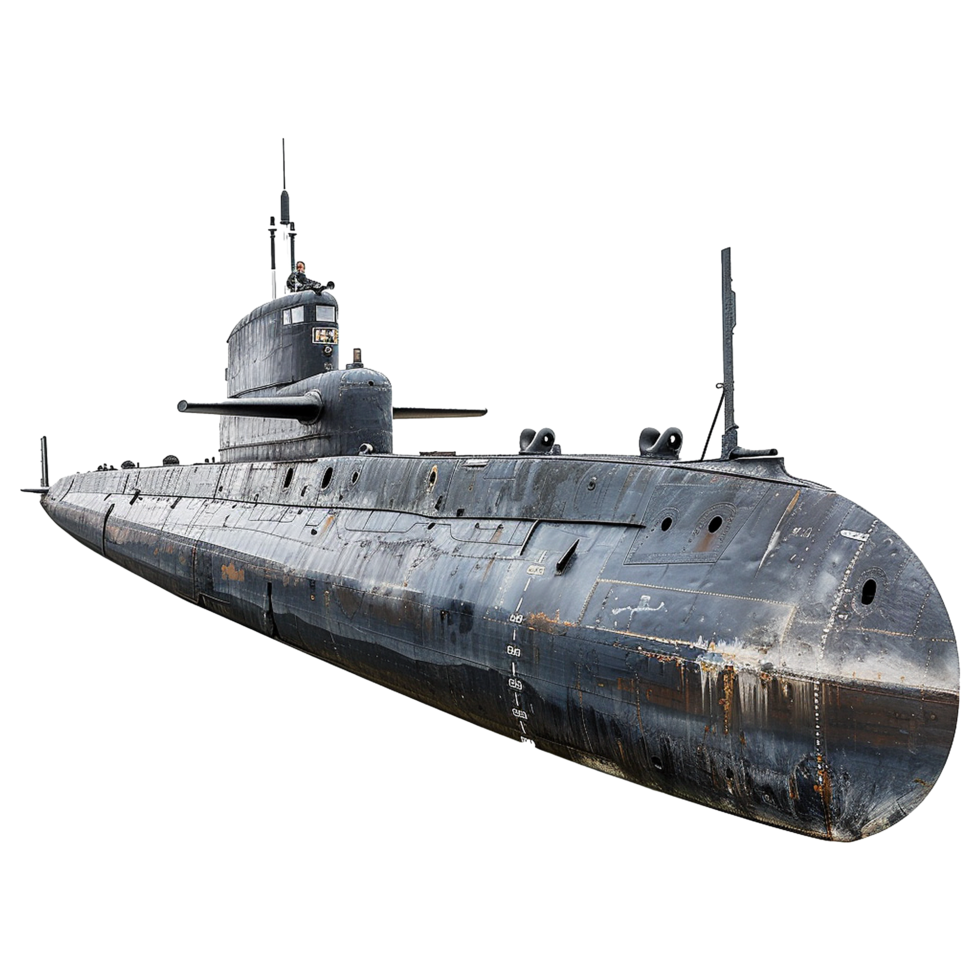 A weathered Sovietera submarine on display a historic naval vessel showing signs of age and wear png