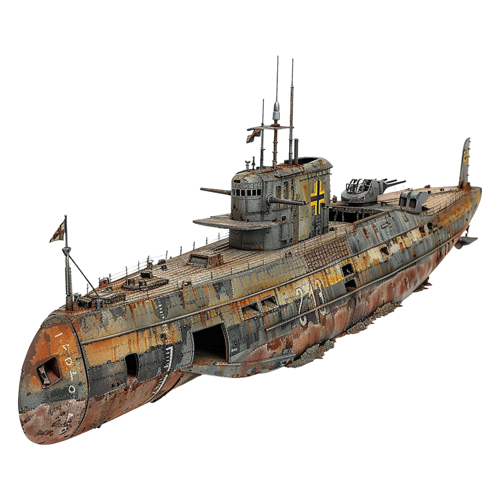 A Detailed View of a Rusted and Wrecked World War I German Uboat Submarine png