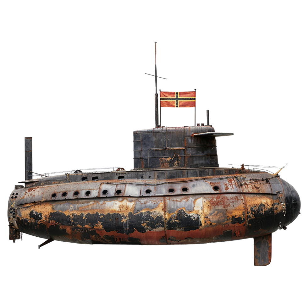 A Rusty Old Submarine with a Flag on Display at a Museum or Dockside Location png