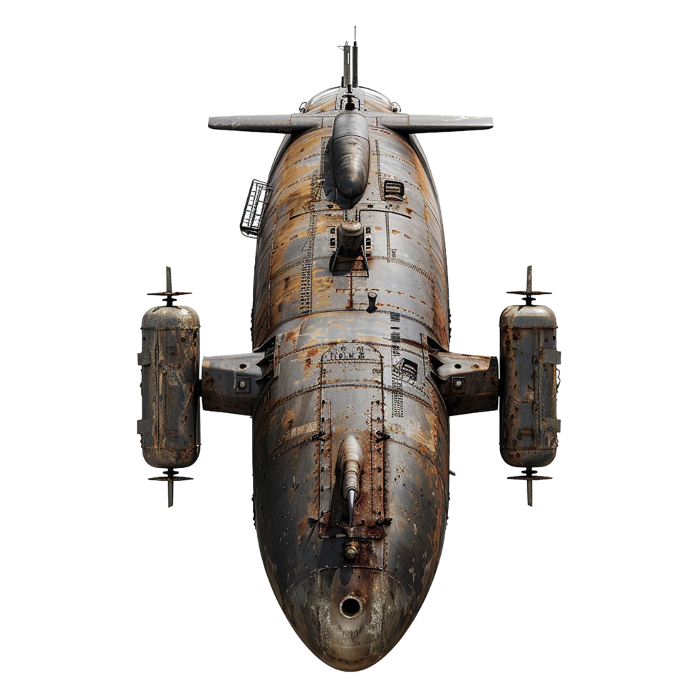TopDown View of a Rusted and Weathered Vintage Submarine Vessel png