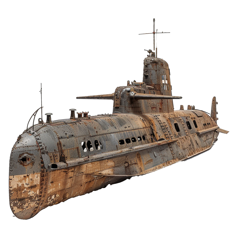A Rusty Relic of the Sea A Weathered World War II Submarine Hull png