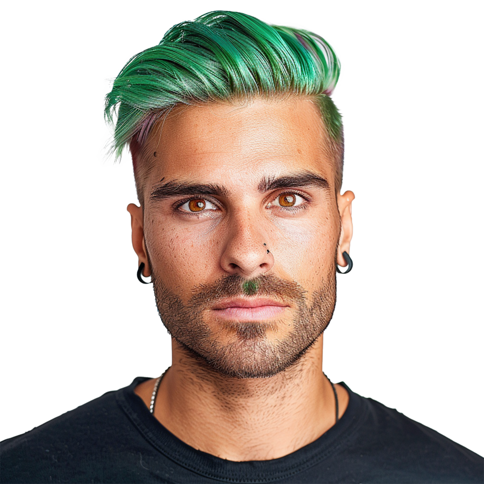 Portrait of a young man with vibrant green hair and facial piercings png