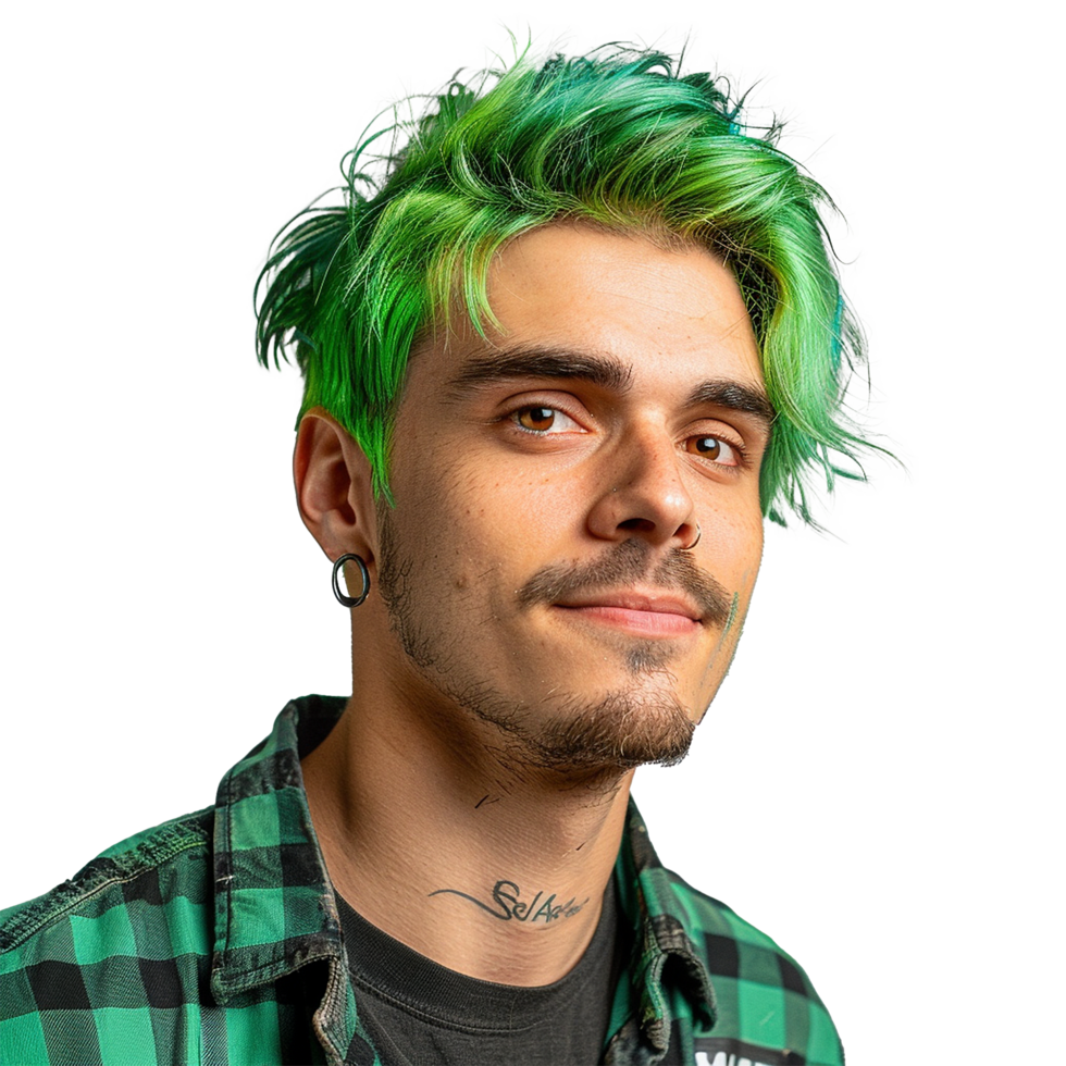 Portrait of a young man with vibrant green and teal hair styled in a textured look, wearing a green and black plaid shirt and a small tattoo on his neck png