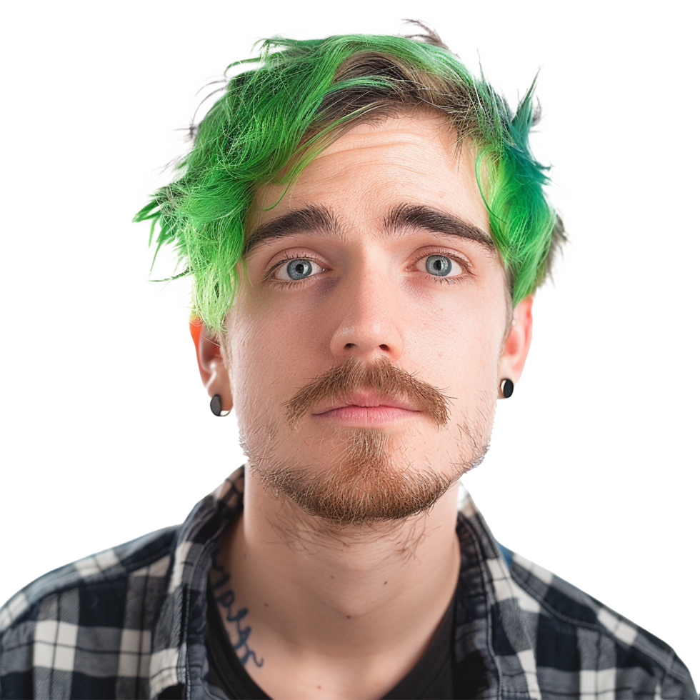 Portrait of a young man with bright green hair and a goatee png
