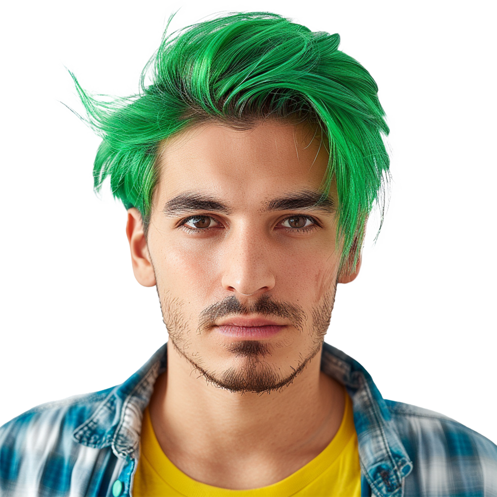 Portrait of a young man with vibrant green hair wearing a yellow shirt and blue plaid shirt png