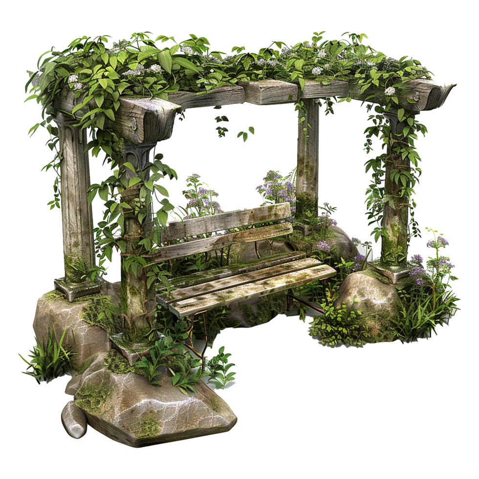 Enchanted Garden Bench with Stone Pillars and Lush Greenery png